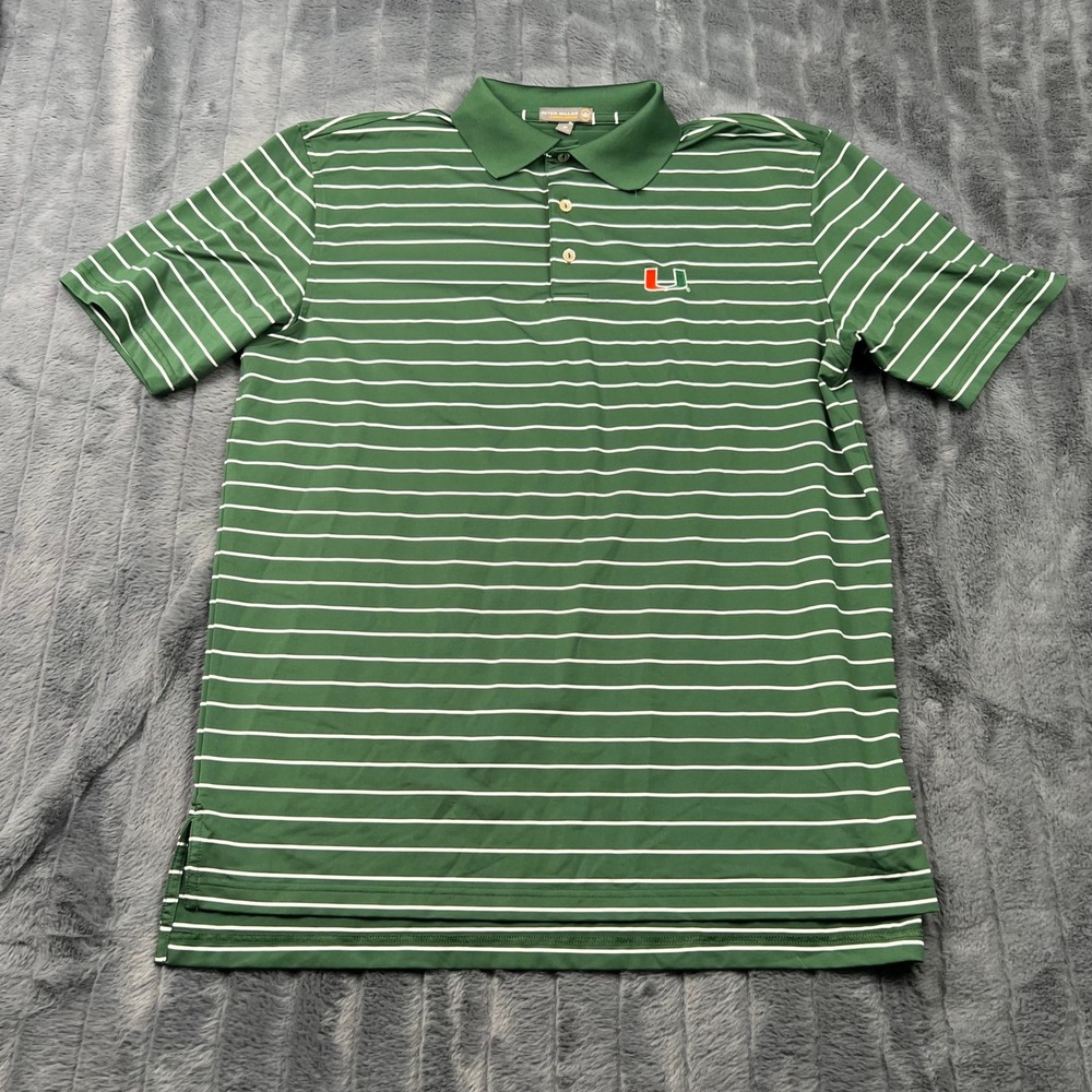Peter Millar Summer Comfort Miami Hurricanes Polo Shirt Green Striped Mens M